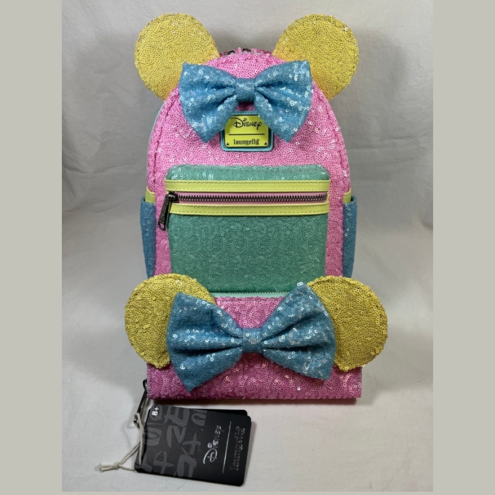 LOUNGEFLY Minnie Mouse Pastel Sequin Backpack + Wallet